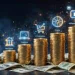 Ascending coin stacks with glowing digital icons representing different passive income strategies