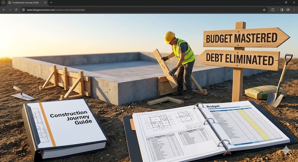 A person building a solid financial foundation, represented by a construction site with a clear budget plan and directional signs for mastering budgets and eliminating debt