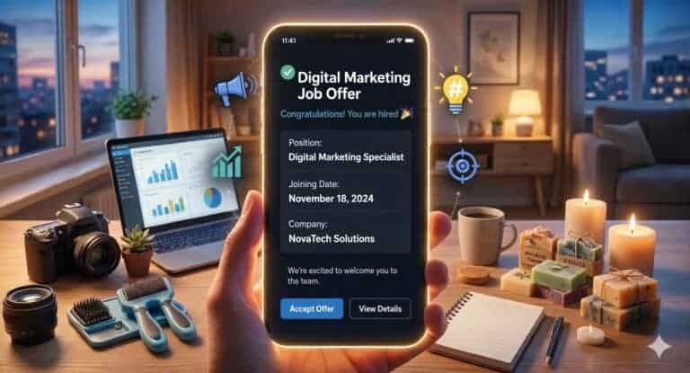 Hand holding phone displaying digital marketing specialist job offer in cozy home office