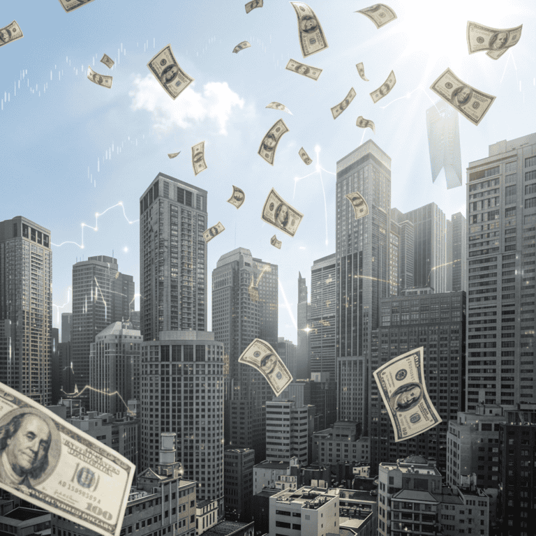 Money floating above city skyline representing external economic circumstances and financial assumptions