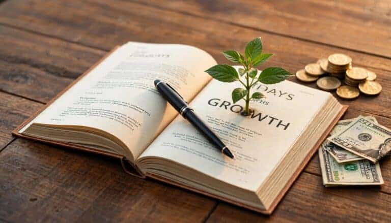 A book open on a wooden table, showing a "90 Days of Growth" plan with a small green seedling being planted into the page to symbolize personal transformation