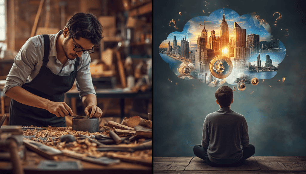 A person builds in a workshop under 'Habits', while another dreams of 'massive success' under 'Wishes'
