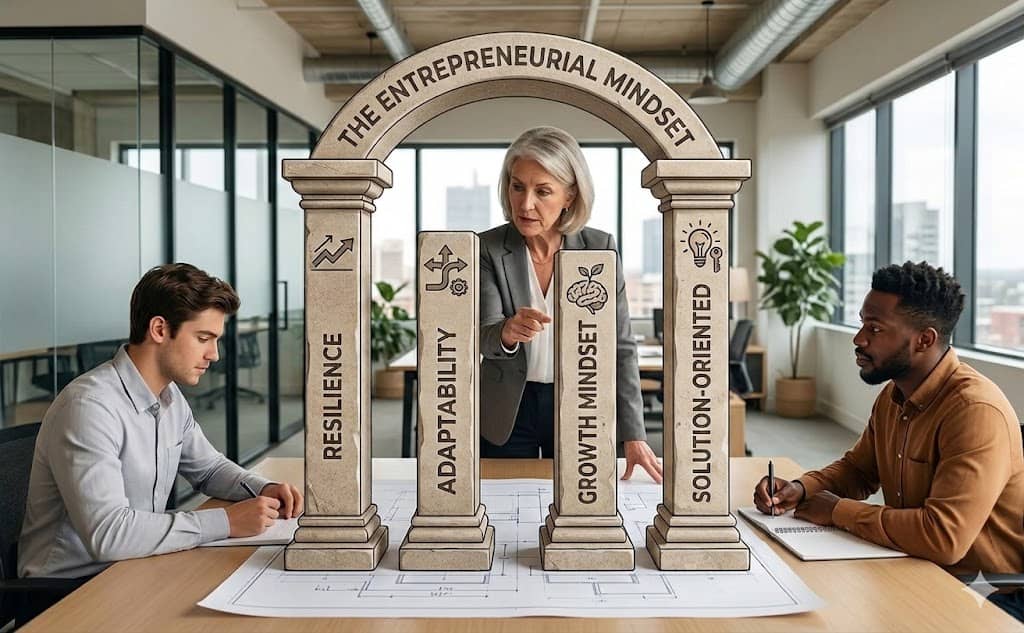 A business team collaborating on a strategy blueprint featuring an architectural archway labeled "The Entrepreneurial Mindset," with pillars representing Resilience, Adaptability, Growth Mindset, and Solution-Oriented thinking.