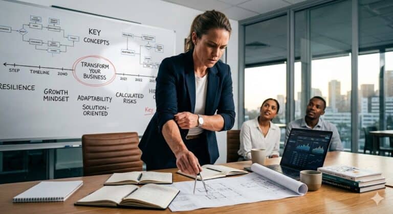 A professional strategy session where a team lead marks a blueprint, with a whiteboard behind them showcasing key concepts like "Resilience," "Growth Mindset," and "Calculated Risks."