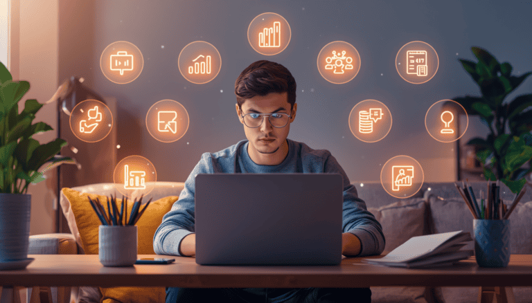 Student working on laptop in study space surrounded by glowing icons representing online income opportunities