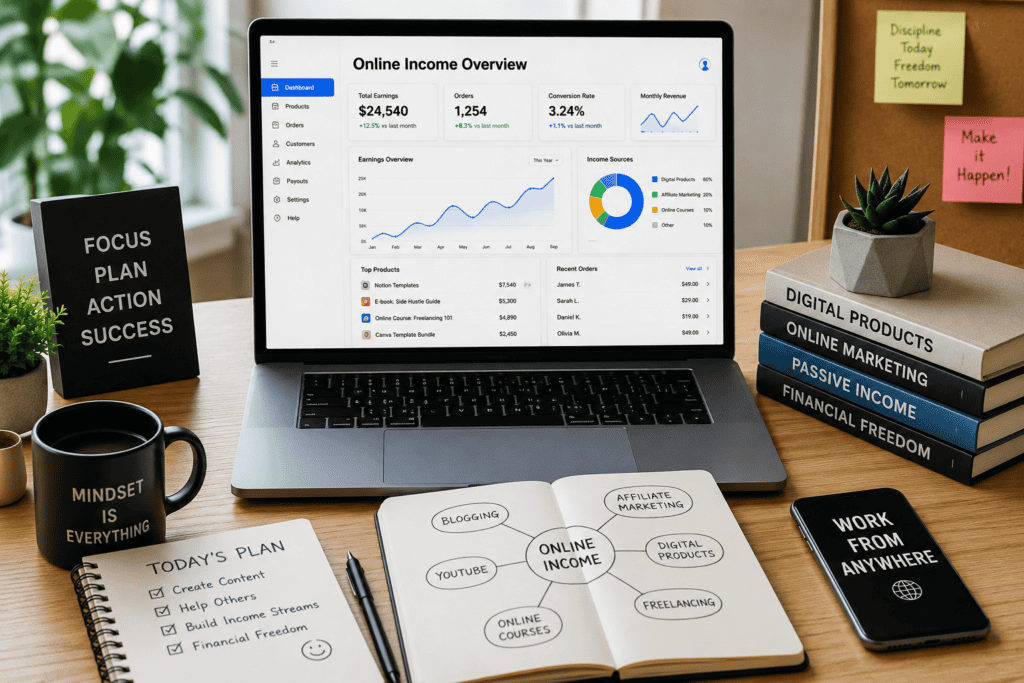 Modern laptop workspace showing online income dashboard and digital business tools