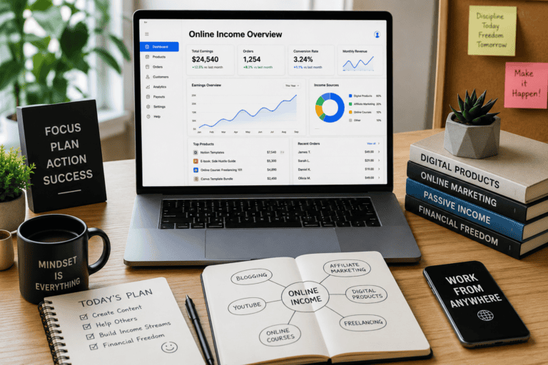 Modern laptop workspace showing online income dashboard and digital business tools