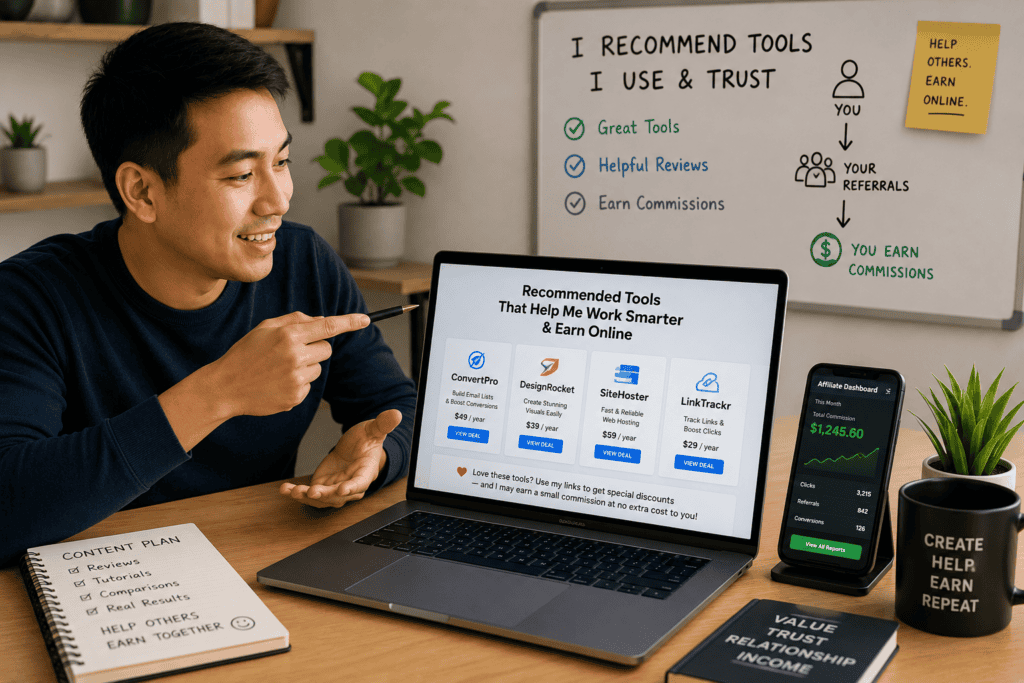 Person recommending useful online tools while earning affiliate commissions.