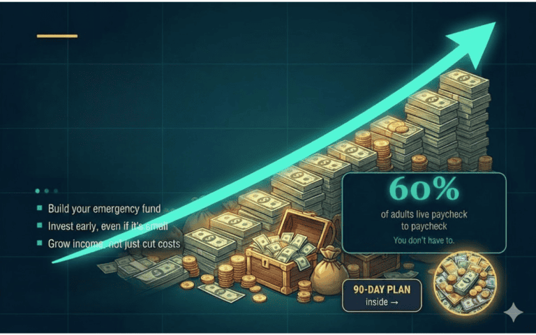 Ascending stacks of dollar bills with gold coins and treasure chest, showing upward financial growth with 60% statistic.