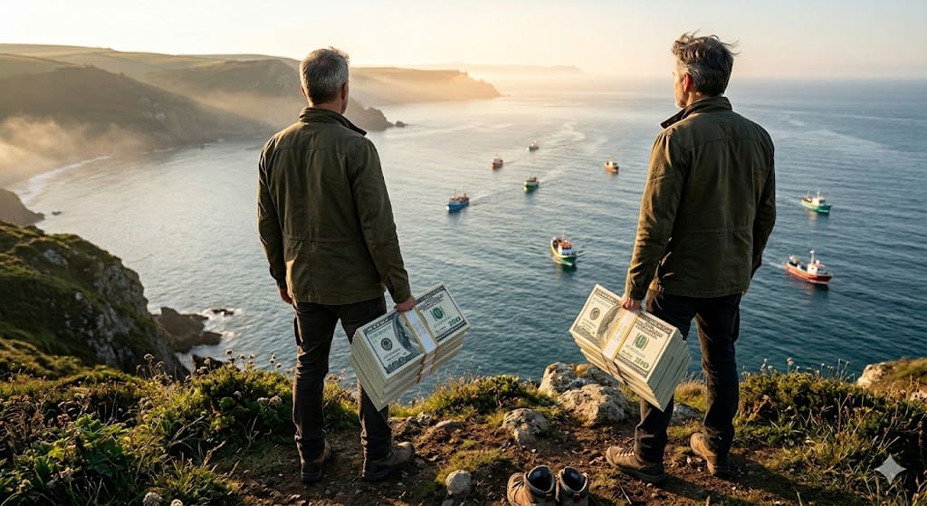 Two people standing on a cliff edge overlooking the ocean, holding stacks of money.
