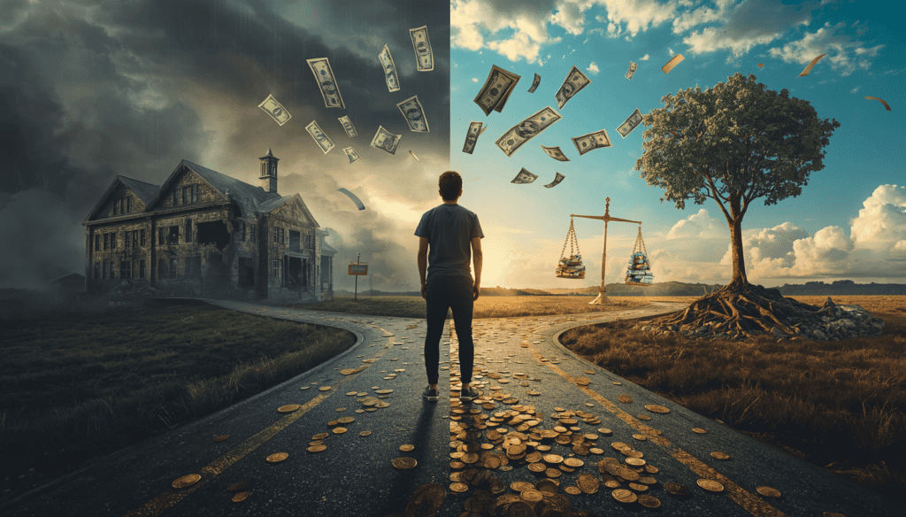 A figure stands at a crossroads between a crumbling past of outdated financial advice and a bright future of financial knowledge and freedom