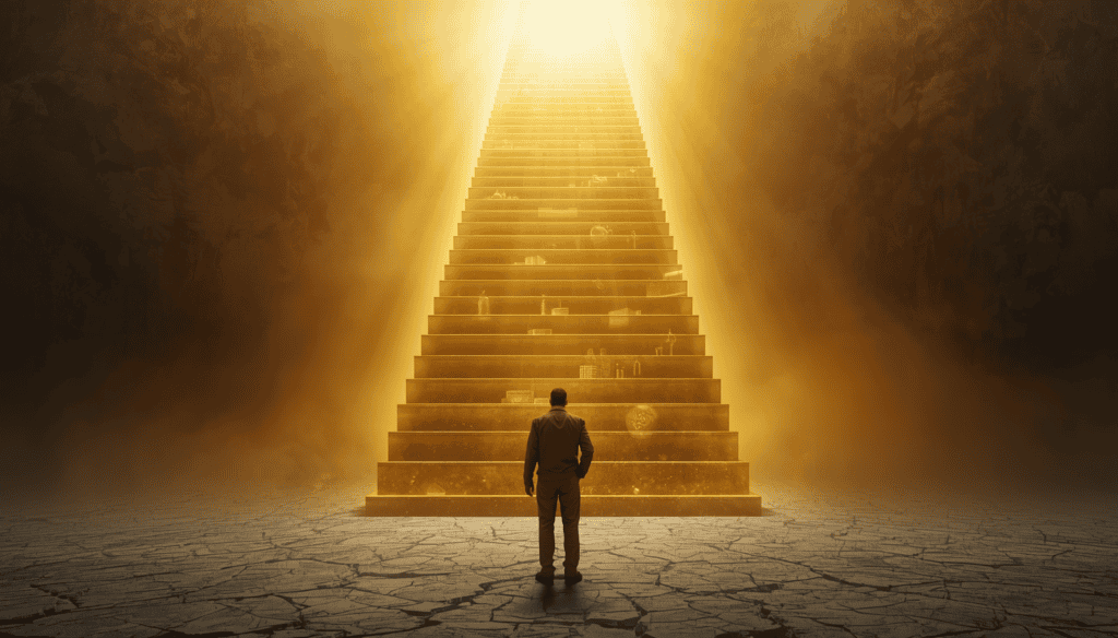 Person in ordinary clothes standing at base of golden staircase ascending into radiant light, hesitating to climb.