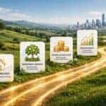 Winding golden road through green landscape to city skyline with growing milestones: house, tree, coins, graph.