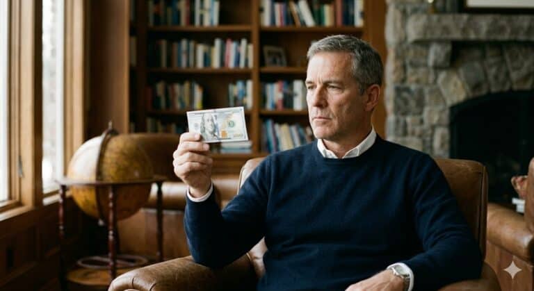 A thoughtful man examining a single hundred-dollar bill.