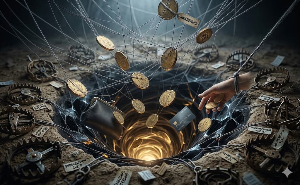 A conceptual illustration of a 'silent money trap' where floating gold coins are tethered by strings into a deep, dark pit, surrounded by metaphorical traps labeled with financial stressors like 'subscription creep' and 'emotional spending.