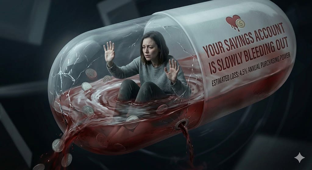 Person trapped inside transparent capsule filling with red liquid, symbolizing savings account depletion.