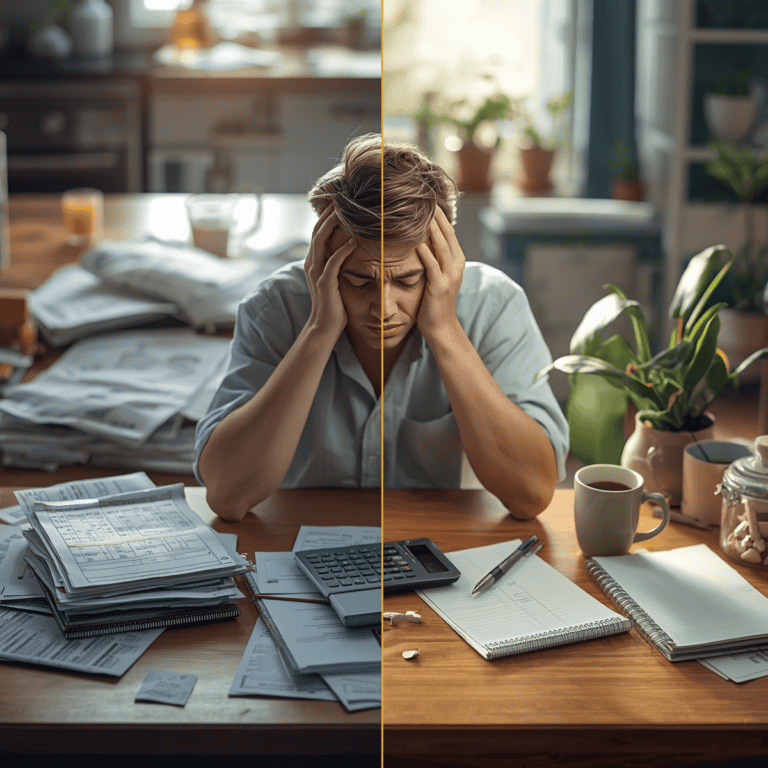 Split screen showing person stressed with scattered bills transforming into calm organized workspace with budget planner, calculator, and savings jar