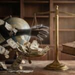Golden scales balancing flying dollar bills against book, with globe in background and warm sunlight.