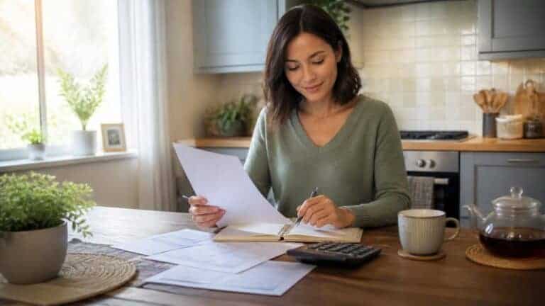Person calmly reviewing financial paperwork at a kitchen table, representing creating a clear plan after job loss