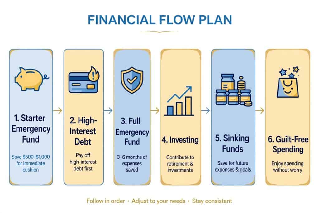 Six-step flowchart showing the priority order for leftover money — emergency fund, debt, savings, investing, sinking funds, and spending