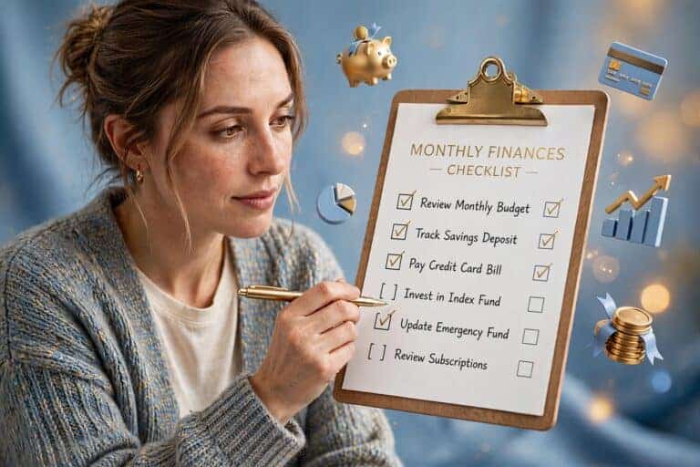 Person checking off items on a financial checklist surrounded by icons representing income, debt, savings, and credit, representing a financial life audit checklist
