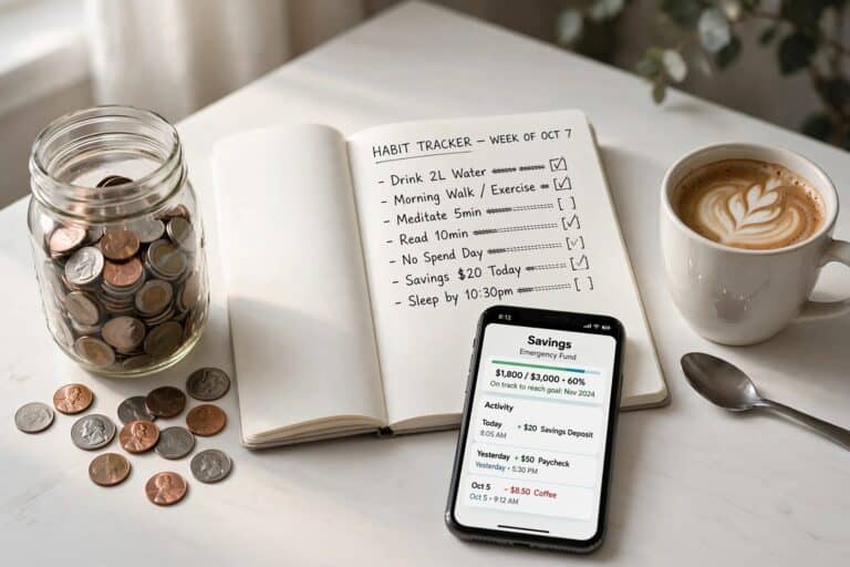 Notebook with a habit tracker checklist next to a coin jar and savings app, representing money saving habits that actually work