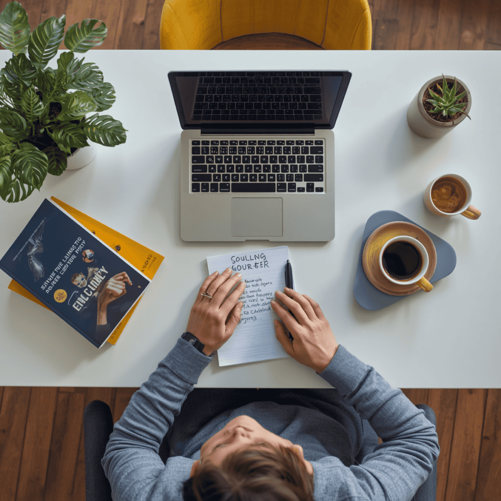 Overhead view of person working on laptop with business books, income goals notebook, and coffee on white desk