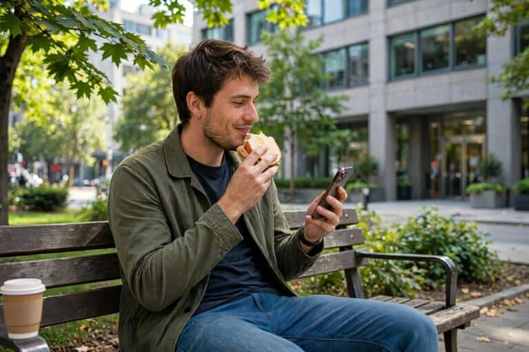 Full-time employee taking a lunch break outside, representing building digital income around a busy work schedule