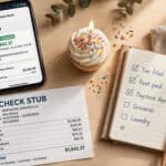Paycheck stub next to a banking app deposit notification and a celebratory cupcake, representing what to do with your first paycheck