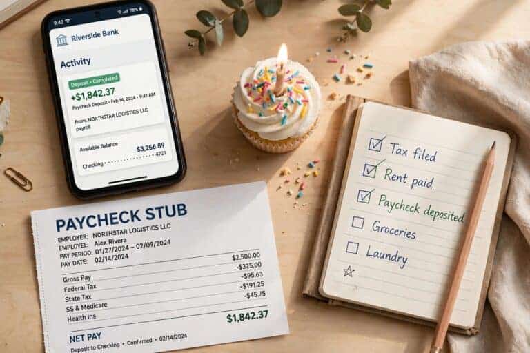 Paycheck stub next to a banking app deposit notification and a celebratory cupcake, representing what to do with your first paycheck