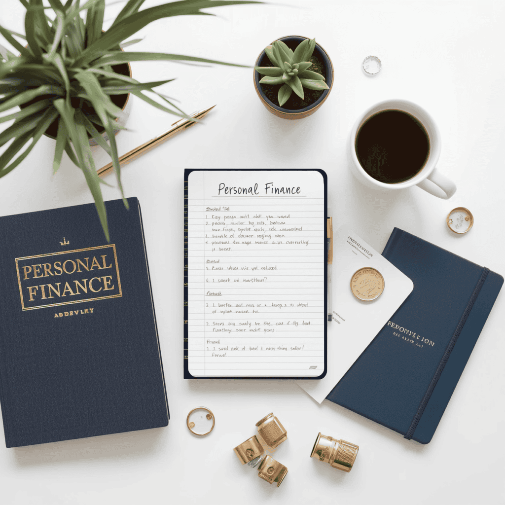 Overhead view of finance books, tablet with budget notes, coffee, and plants on white desk