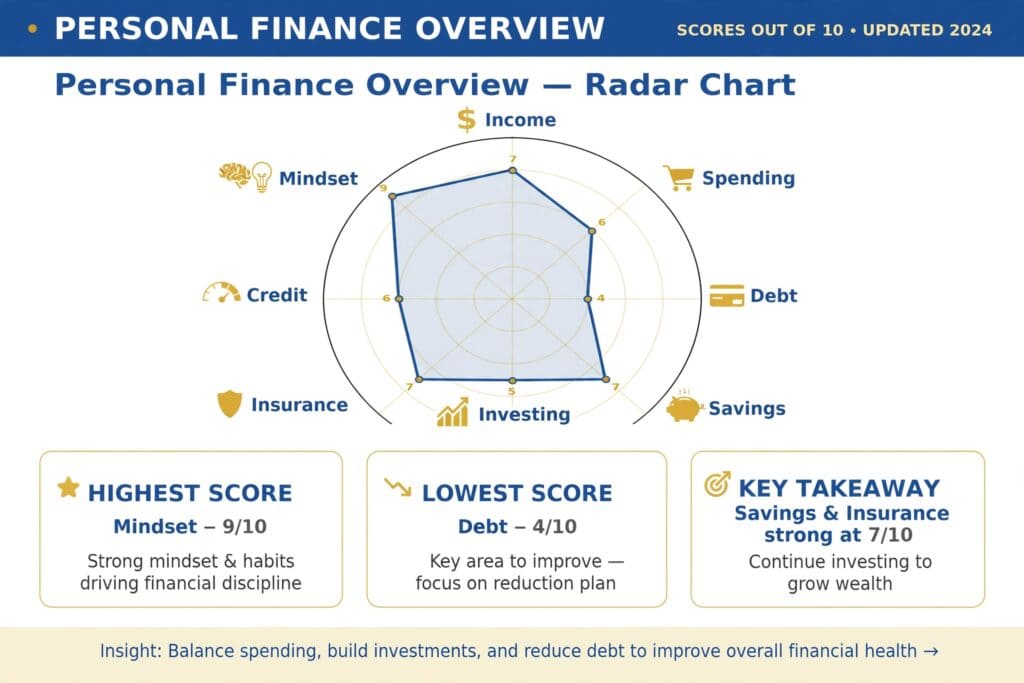 Radar chart showing the 8 categories of a financial life audit with varying strength levels across each area