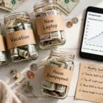 Labeled savings jars and a phone showing a savings graph, representing what to do with leftover money at the end of the month