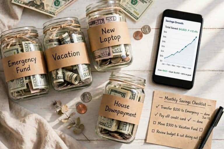 Labeled savings jars and a phone showing a savings graph, representing what to do with leftover money at the end of the month