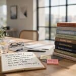 Stack of online business guidebooks on a modern office desk, representing practical, beginner-friendly business guidance