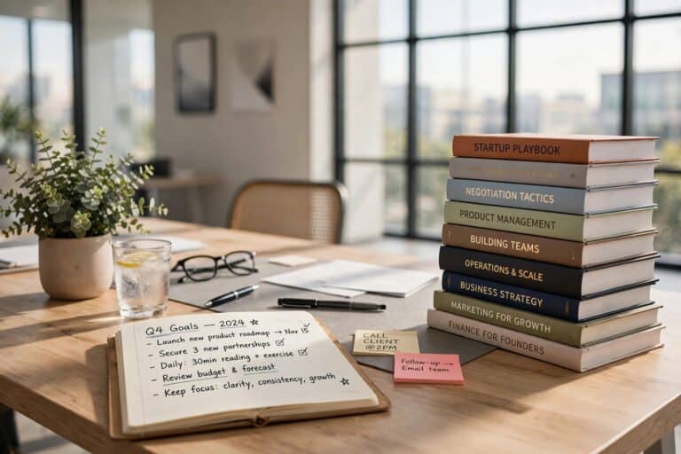 Stack of online business guidebooks on a modern office desk, representing practical, beginner-friendly business guidance