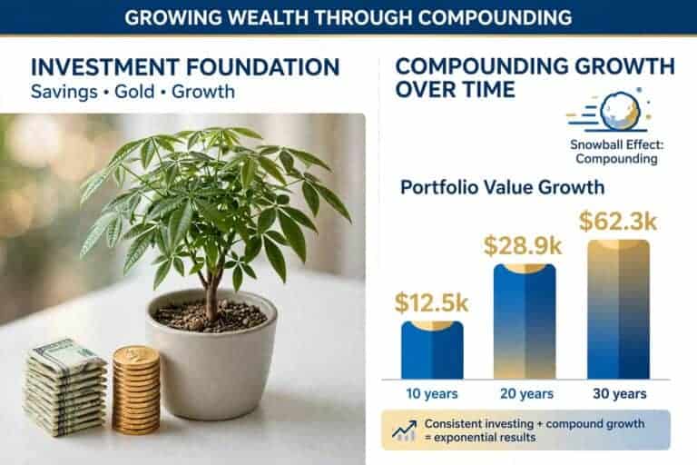 Coins and dollars next to a growing money tree sapling, representing how to start investing