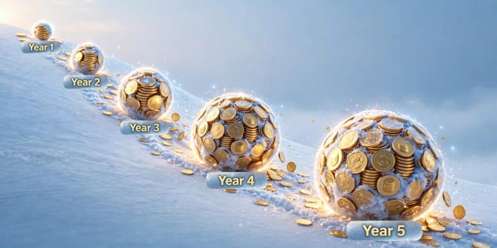 Snowball of coins growing larger as it rolls, symbolizing how reinvested dividends compound over time.