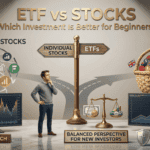 Financial advisor at crossroads between individual stocks and ETF diversification, with charts and balanced scales showing investment options for beginners.