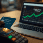 Hands processing card payment on terminal beside laptop showing financial analytics charts