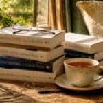 Stack of printed paperback books in a cozy reading nook, representing self-published book royalties and passive income