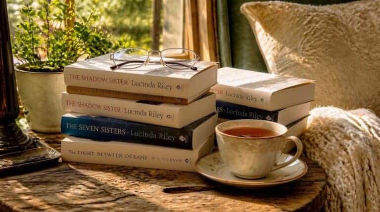 Stack of printed paperback books in a cozy reading nook, representing self-published book royalties and passive income