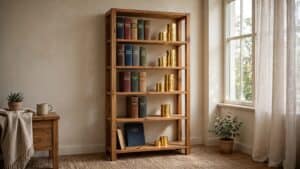 A growing bookshelf illustration where each new book added makes a small coin stack beside it taller, flat digital illustration style, warm neutral tones, symbolizing a compounding book catalog