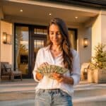 Person standing in front of a dream home holding cash, representing the financial success that comes with building income online