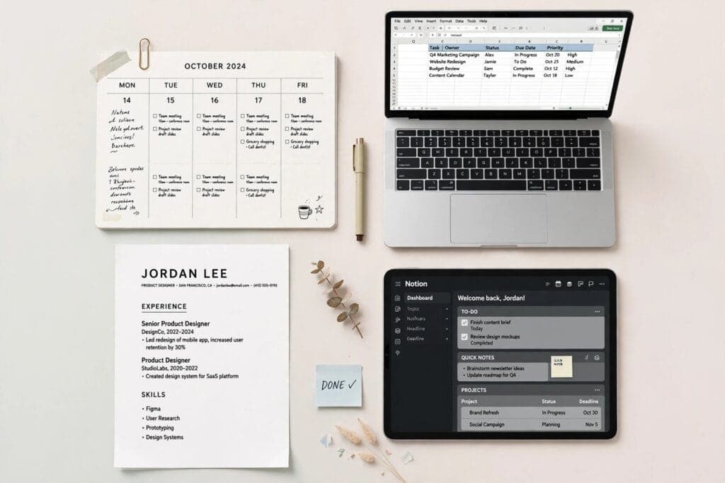 Tablet showing a Notion dashboard template next to a laptop with Canva open, representing how to sell digital templates online