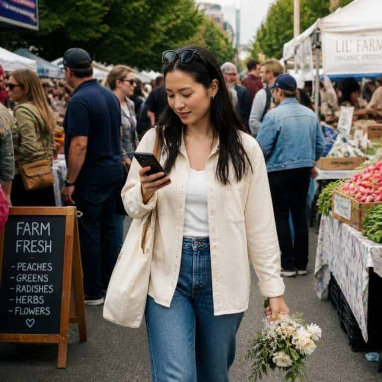 Person checking notifications while out at a market
