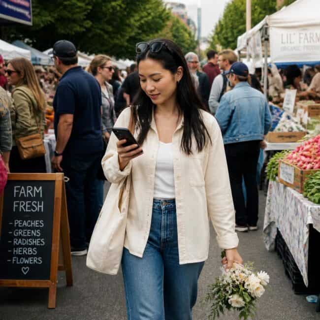 Person checking notifications while out at a market