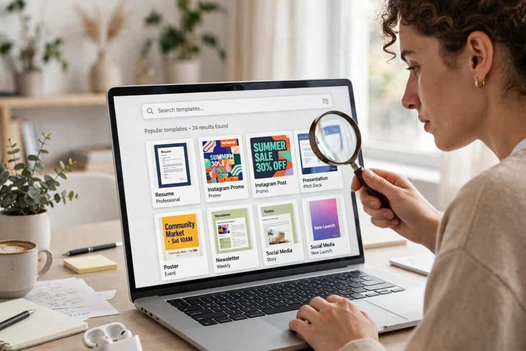 Magnifying glass over a search bar with template listings appearing, symbolizing how buyers discover digital templates through platform search.