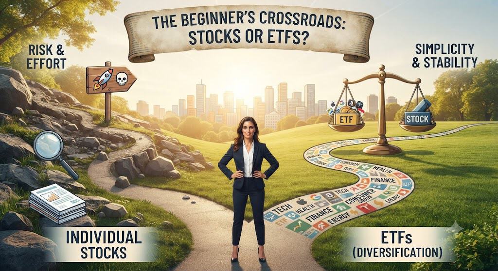 A beginner investor deciding between individual stocks and ETFs, illustrated with a balanced scale and growth chart.