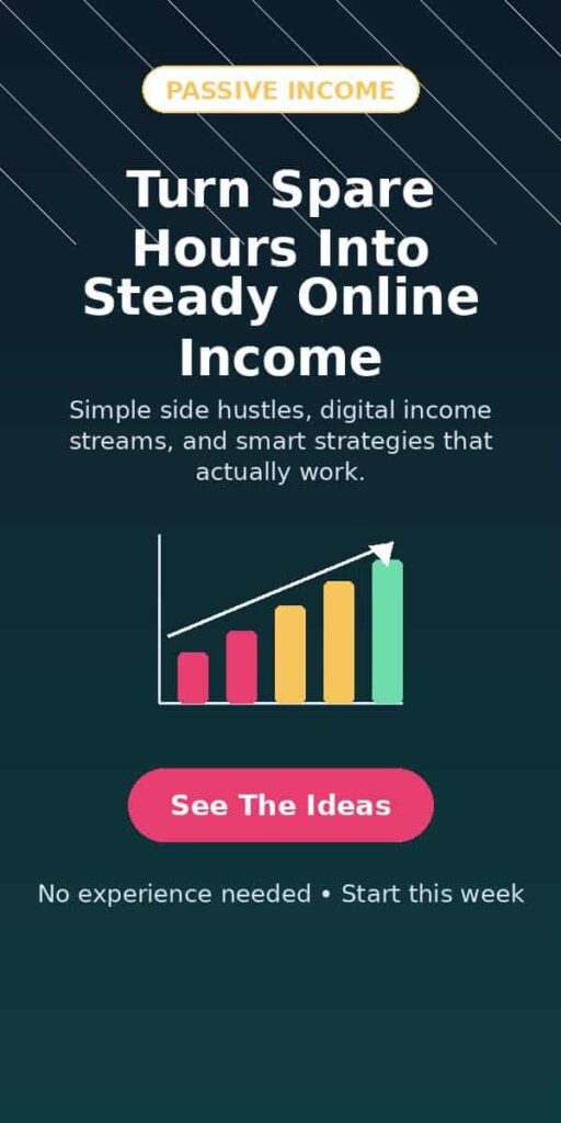 Graphic promoting passive income ideas with a growth chart, highlighting ways to turn spare hours into steady online income through digital income streams and side hustles.